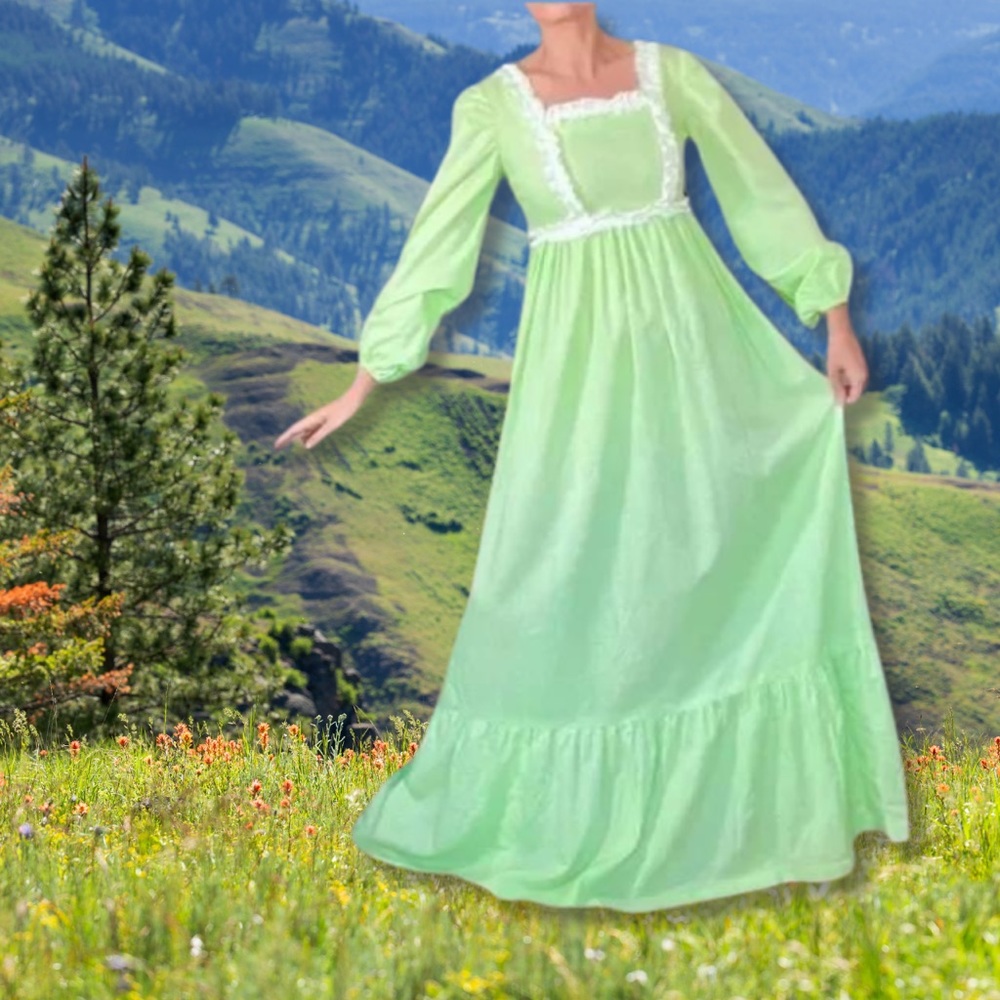 Vintage 1970s Lime Green Swiss Dot Prairie Dress